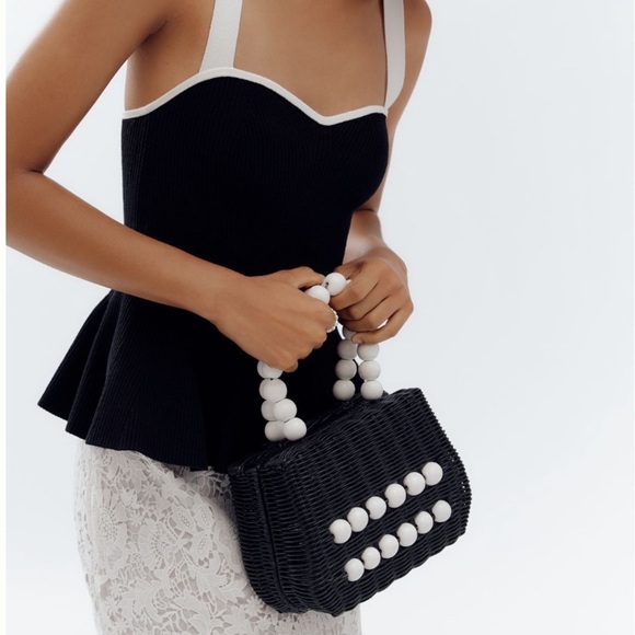 Bali Beaded Straw Black and White Woven Handbag Satchel - Picture 5 of 15